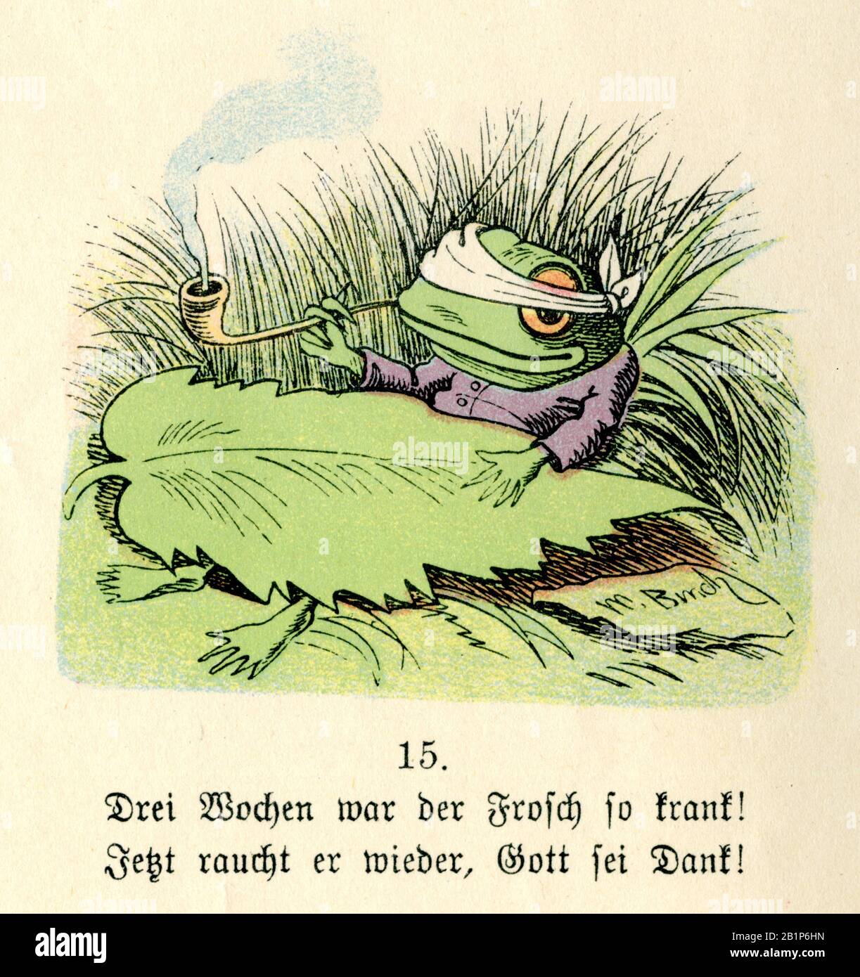 frog with pipe and blindfold. Text: Three weeks ago the frog was so sick! Now he smokes again. Thank God! From: The two ducks and the frog by Wilhelm Busch , Wilhelm Busch (artist book, 1910) Stock Photo