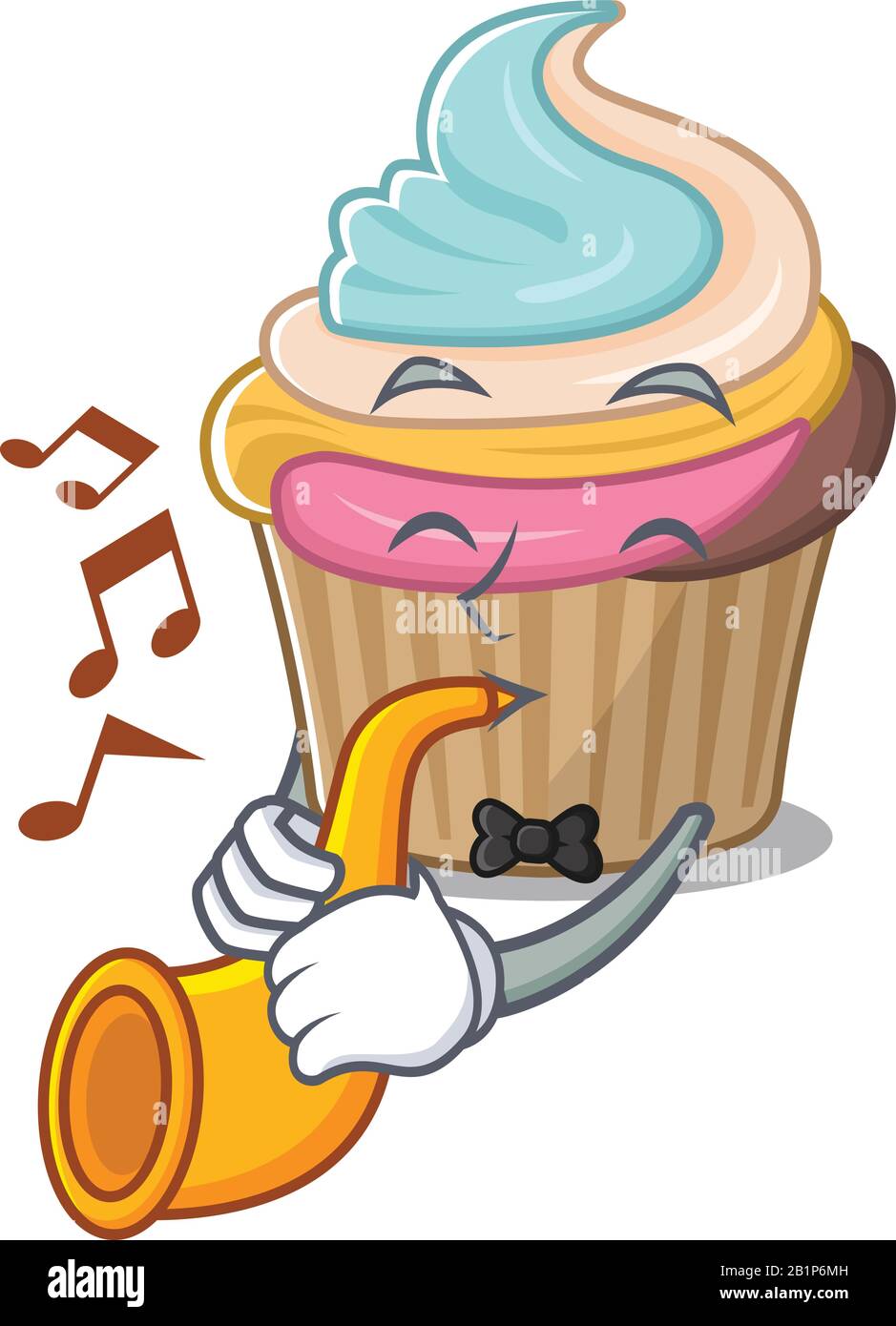 mascot design concept of rainbow cupcake playing a trumpet Stock Vector