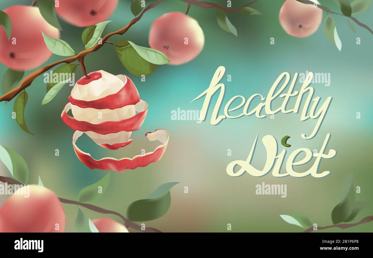 The illustration shows a red apple, which was cut in a spiral. This is a symbol of weight loss, diet, healthy eating, vegetarianism. An apple hangs on Stock Vector