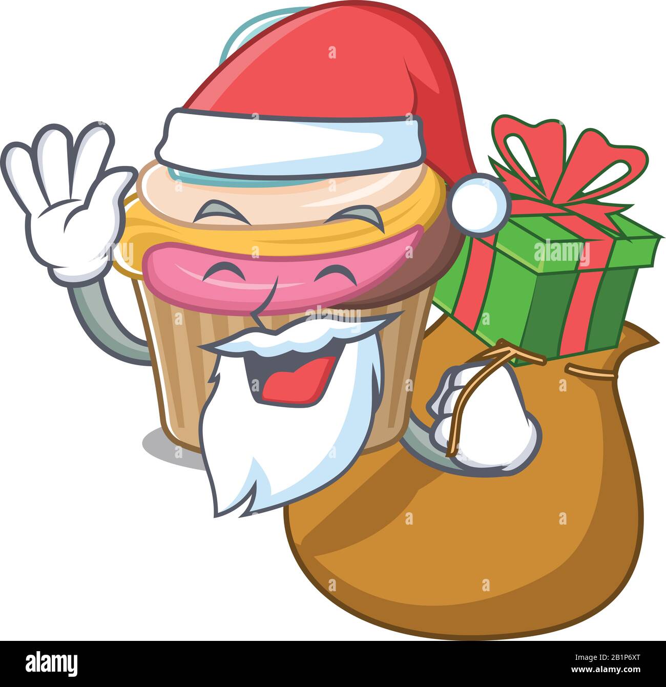 Santa rainbow cupcake Cartoon character design having box of gifts ...