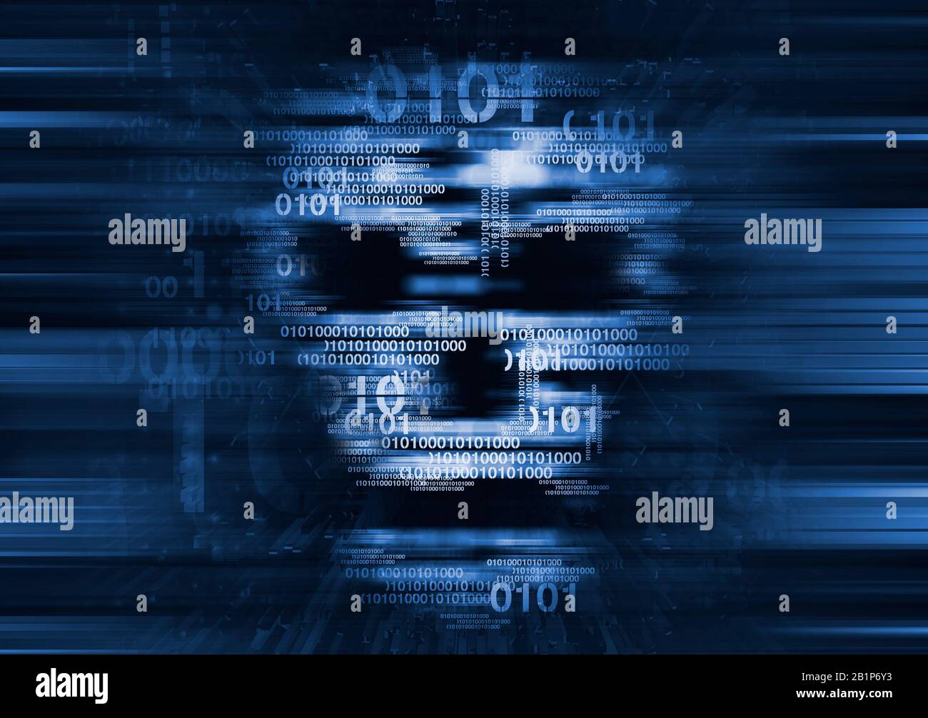 Skull,Hacker,Computer virus concept. Illustration of Abstract Skull sign on blue background with blurry binary codes. Concept for online piracy. Stock Photo