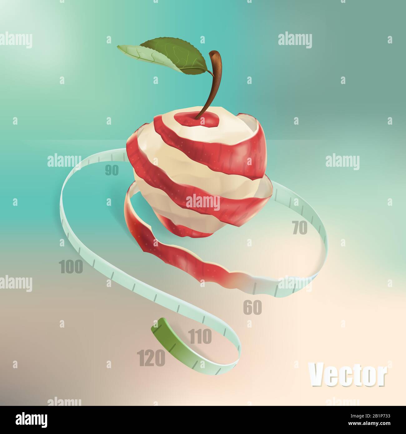The illustration shows a red apple, which was cut in a spiral. The spiral passes into the measuring tape. This is a symbol of weight loss, diet, healt Stock Vector