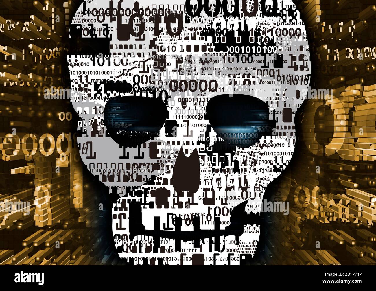 Hacker, Skull made of destroed binary code. Expressive Illustration of Abstract Skull. Concept for online piracy, hacking. Stock Photo