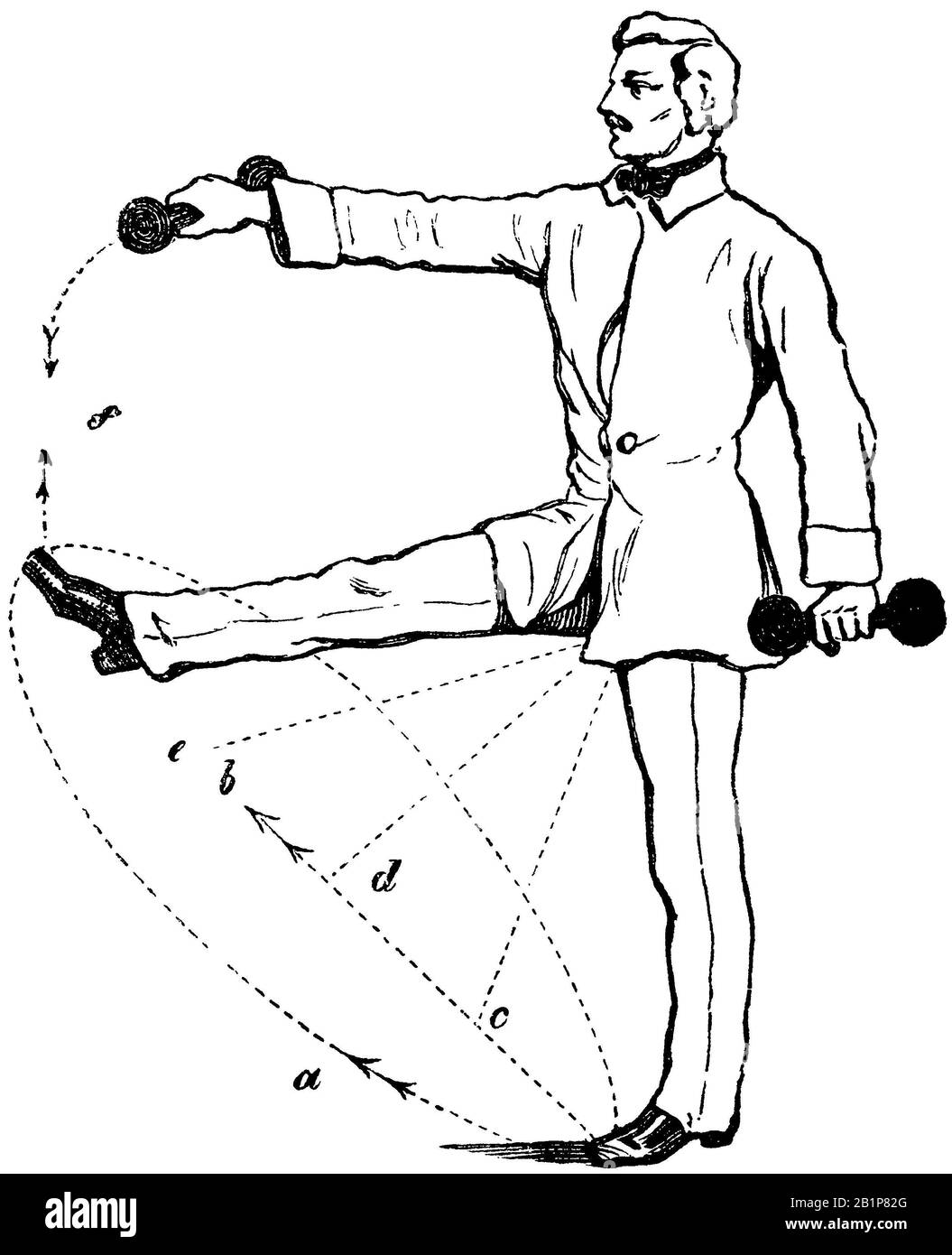 gymnastics: raising arm and leg with dumbbells, , anonym (Health book, 1887) Stock Photo