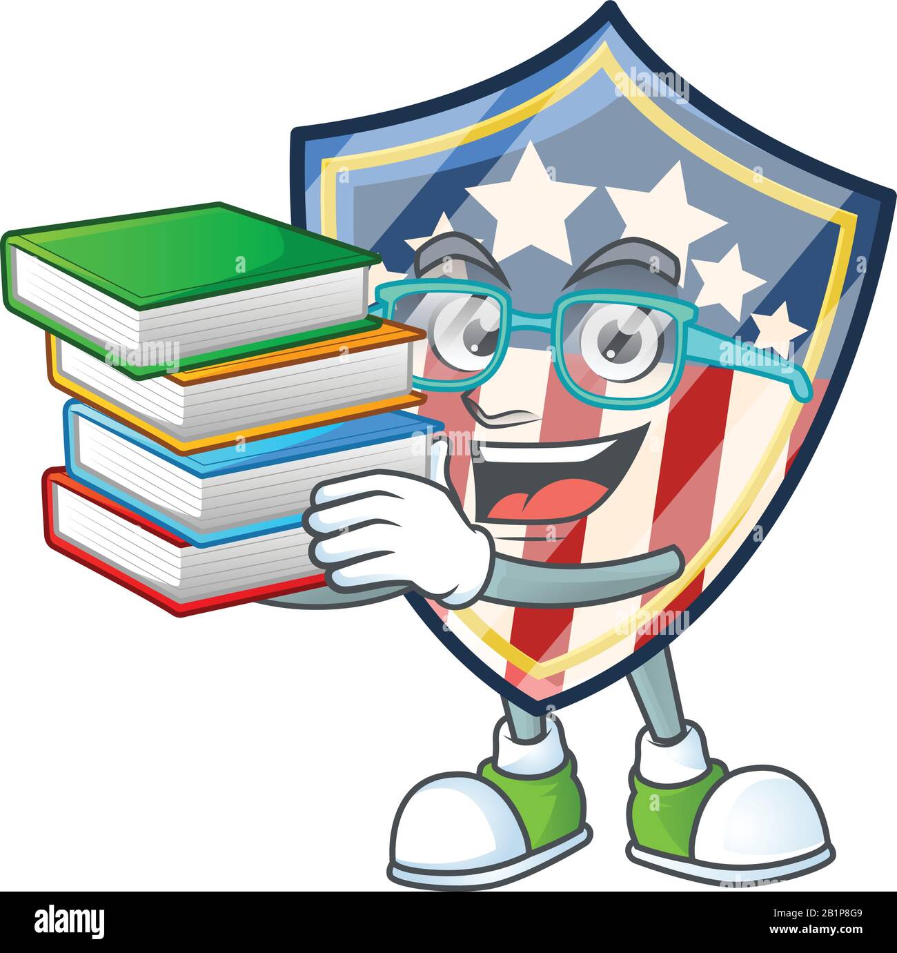 A Brainy Clever Cartoon Character Of Vintage Shield Badges Usa Studying With Some Books Stock Vector Image Art Alamy