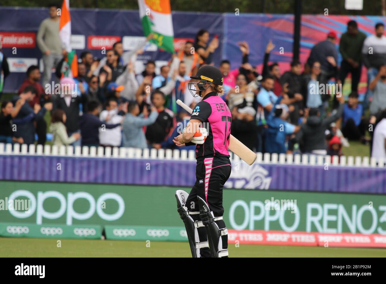 Junction Oval, Melbourne, Australia. 27th Feb, 2020. ICC Womens T20 World Cup Game 09-India Women Playing New Zealand Women.New Zealand Captain Sophie Devine walks off the ground after being dismissed to the delight of the huge and vocal crowd During the Game-Image Credit: brett keating/Alamy Live News Stock Photo