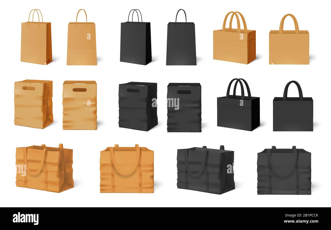 Shopping bag mockup. Craft paper bags, black empty packaging and shop handbag template vector set Stock Vector
