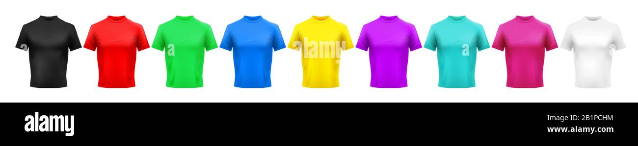 Realistic color t-shirt mockup. Red, green and blue men clothes. Yellow, purple and cyan colored shirt. Pink, black and white shirts template vector Stock Vector