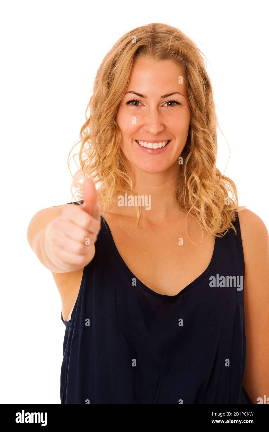 Business woman gesturing success, showing thumb up isolated over white Stock Photo