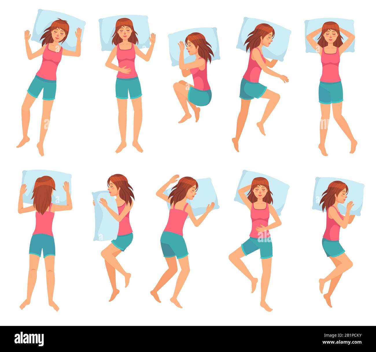Woman sleeps in different poses. Healthy night sleep, sleeping pose and female character sleep on pillow cartoon vector illustration set Stock Vector