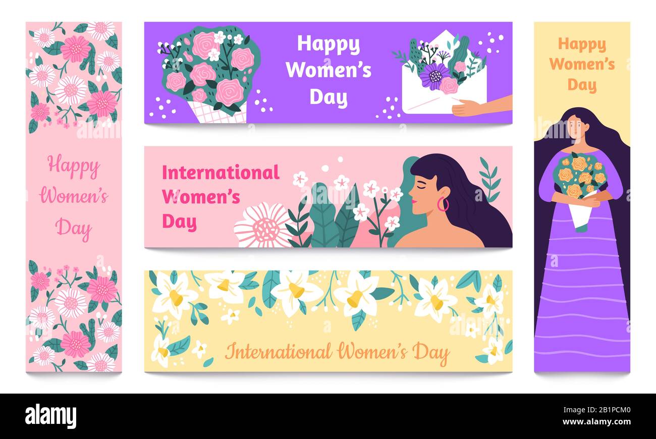 March 8 banners. International Womens Day, Happy woman with flowers banner vector set Stock Vector
