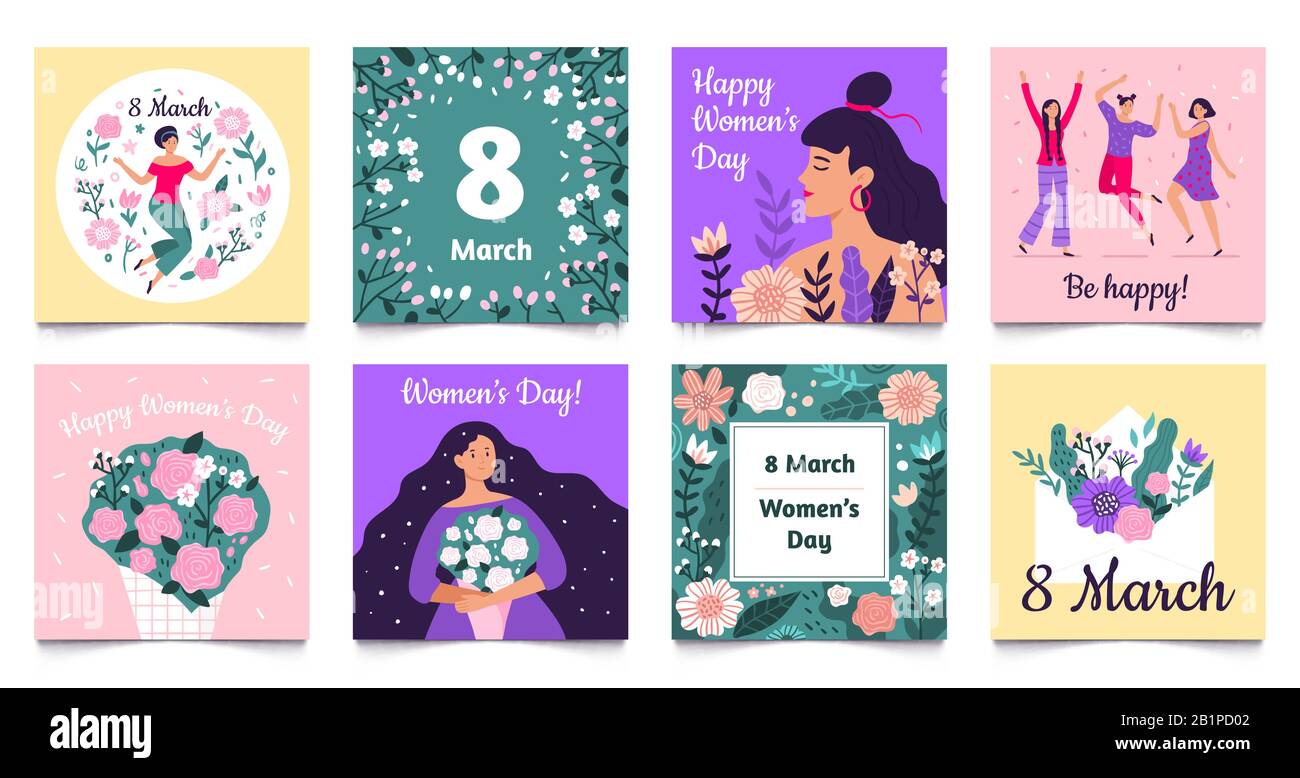 International Womens Day card. Happy women day, 8 March holiday greeting cards vector set Stock Vector