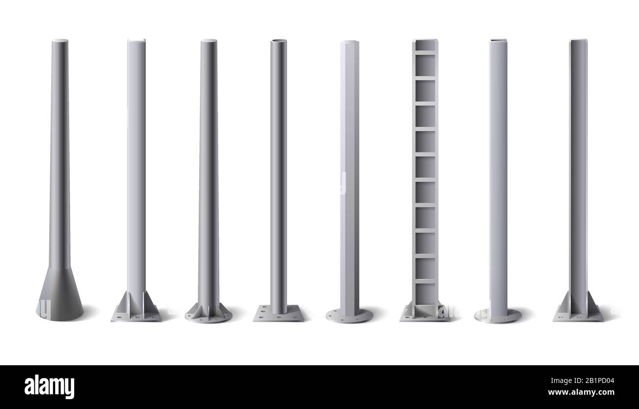 Metal poles. Steel construction pole, aluminum pipes and metal column vector illustration set Stock Vector