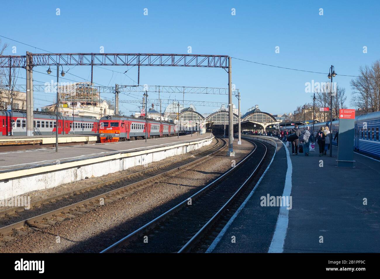 April 29, 2018 Saint Petersburg, Russia. Passengers walk on the platform of the Vitebsk railway station Stock Photo