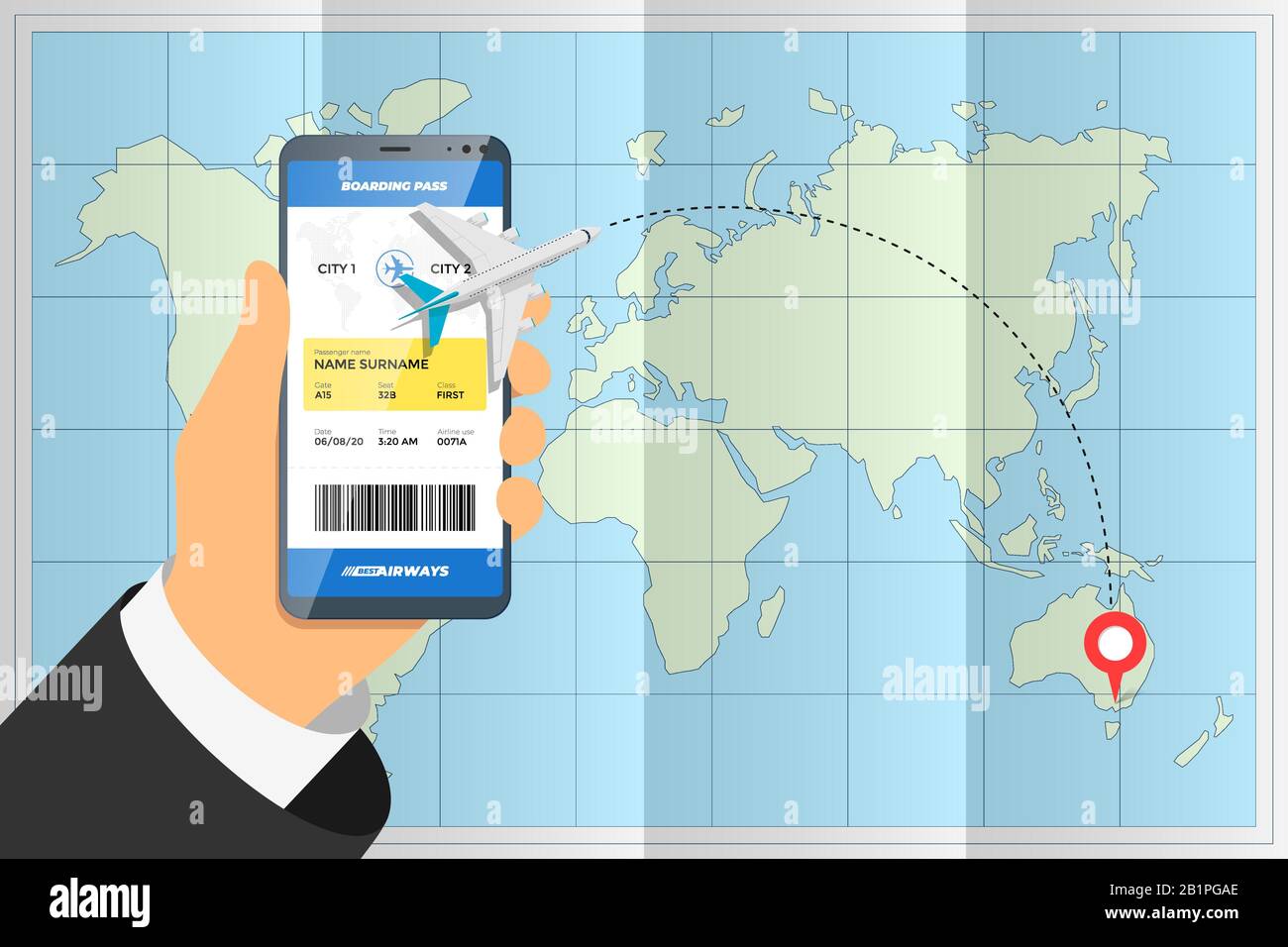 Hand holding smartphone with mobile app ordering flight ticket and airplane route on destination location pin above folded world map. Business tourism online boarding pass booking vector concept Stock Vector