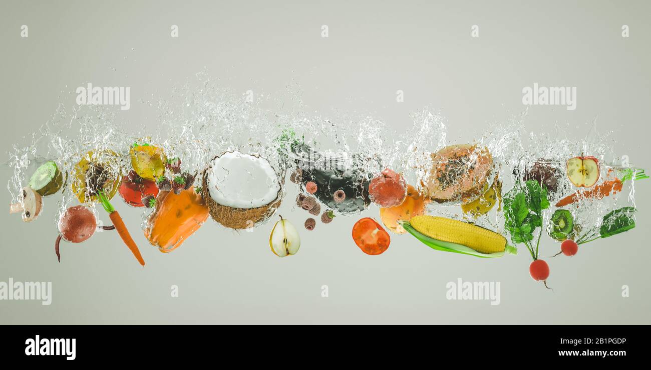fresh fruit and vegetables fall into the water causing large splashes. Concept of freshness and natural food. 3d render. nobody around Stock Photo