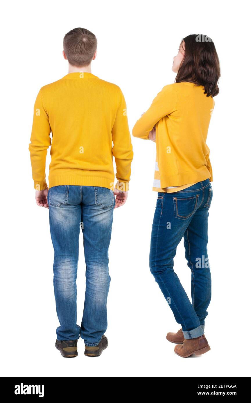 Back view couple in sweater. beautiful man and woman. Rear view people ...