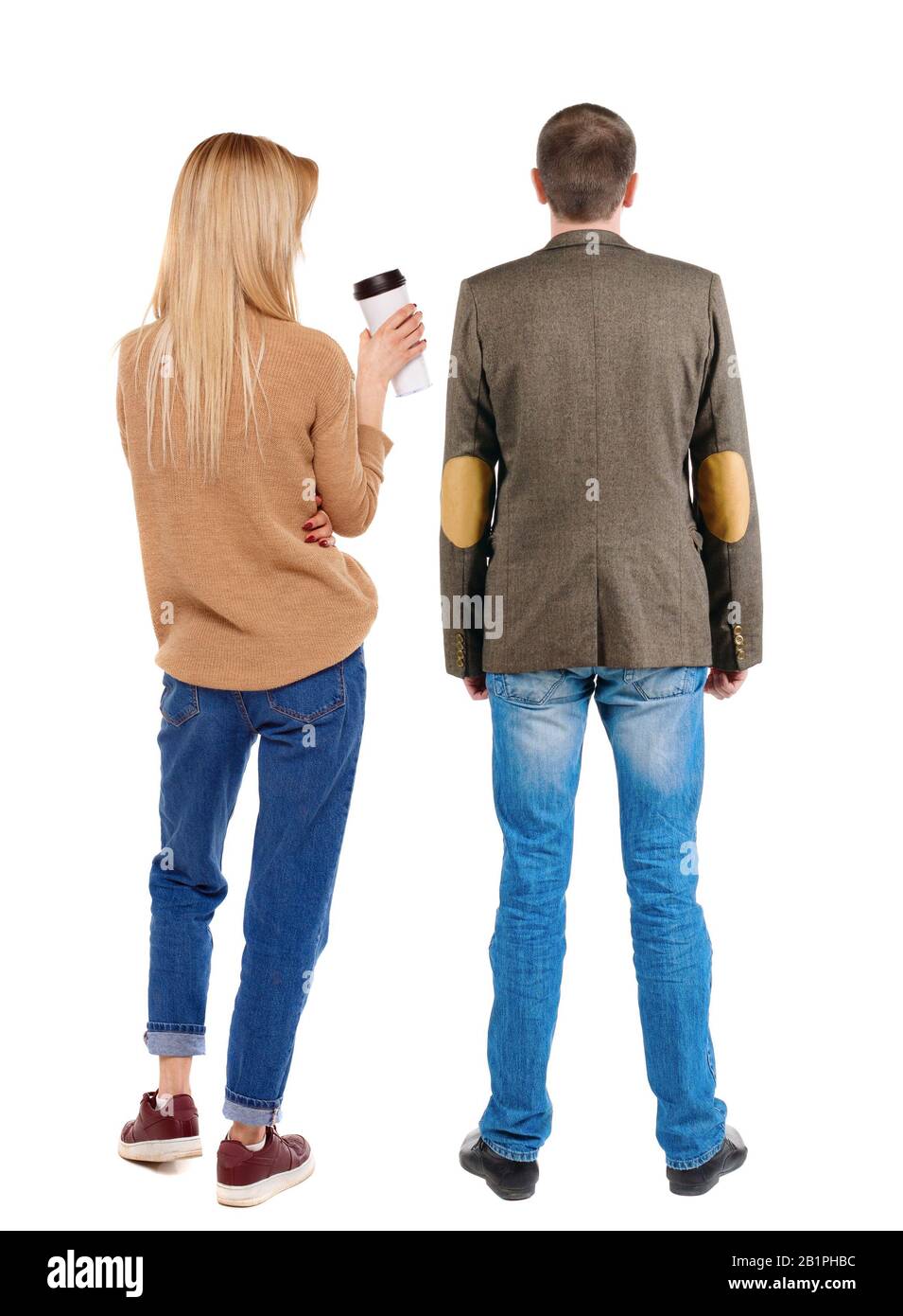 Back view couple in sweater. beautiful man and woman. Rear view people ...