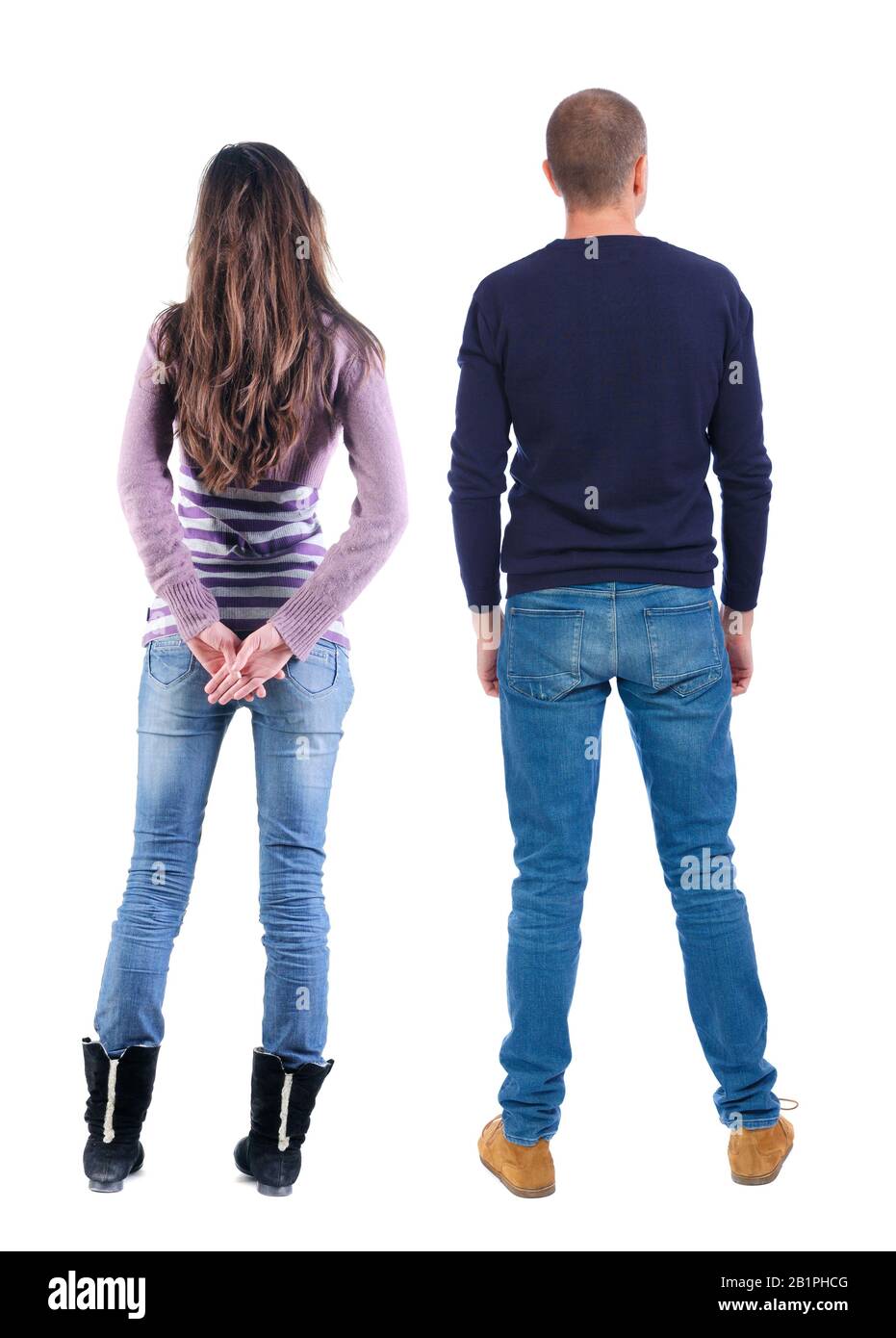 Back view couple in sweater. beautiful man and woman. Rear view people ...
