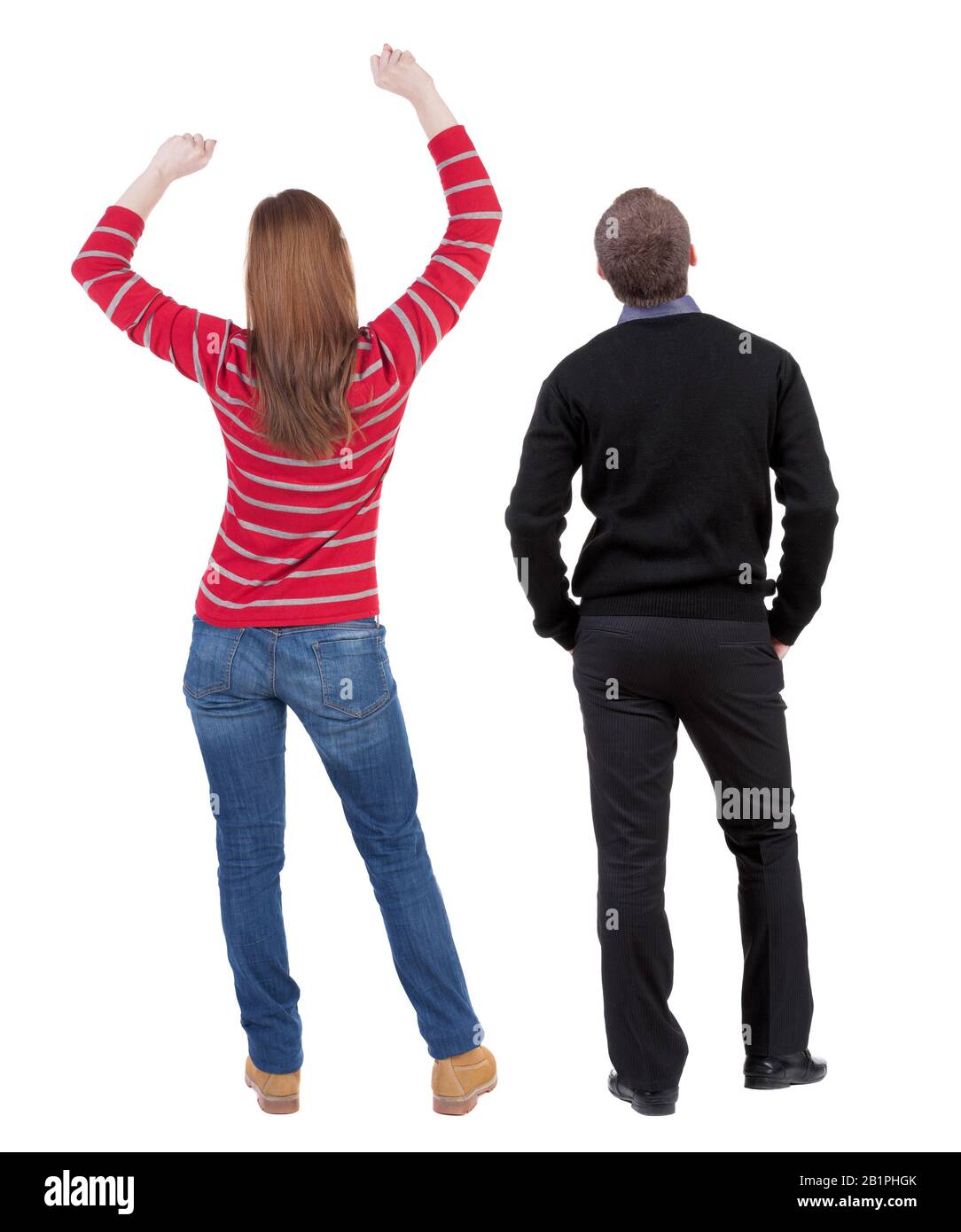 Back view couple in sweater. beautiful man and woman. Rear view people ...