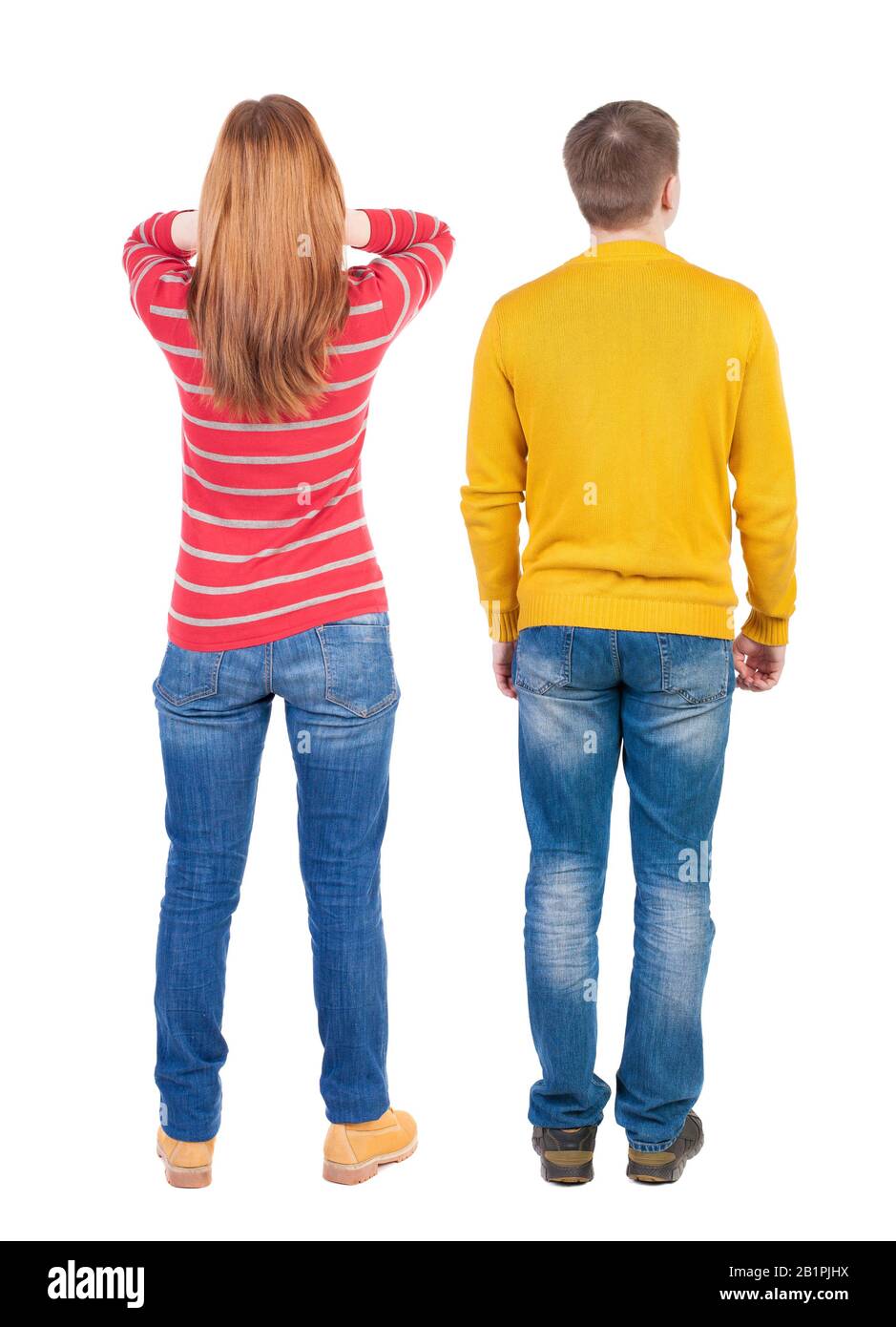 Back view couple in sweater. beautiful man and woman. Rear view people ...