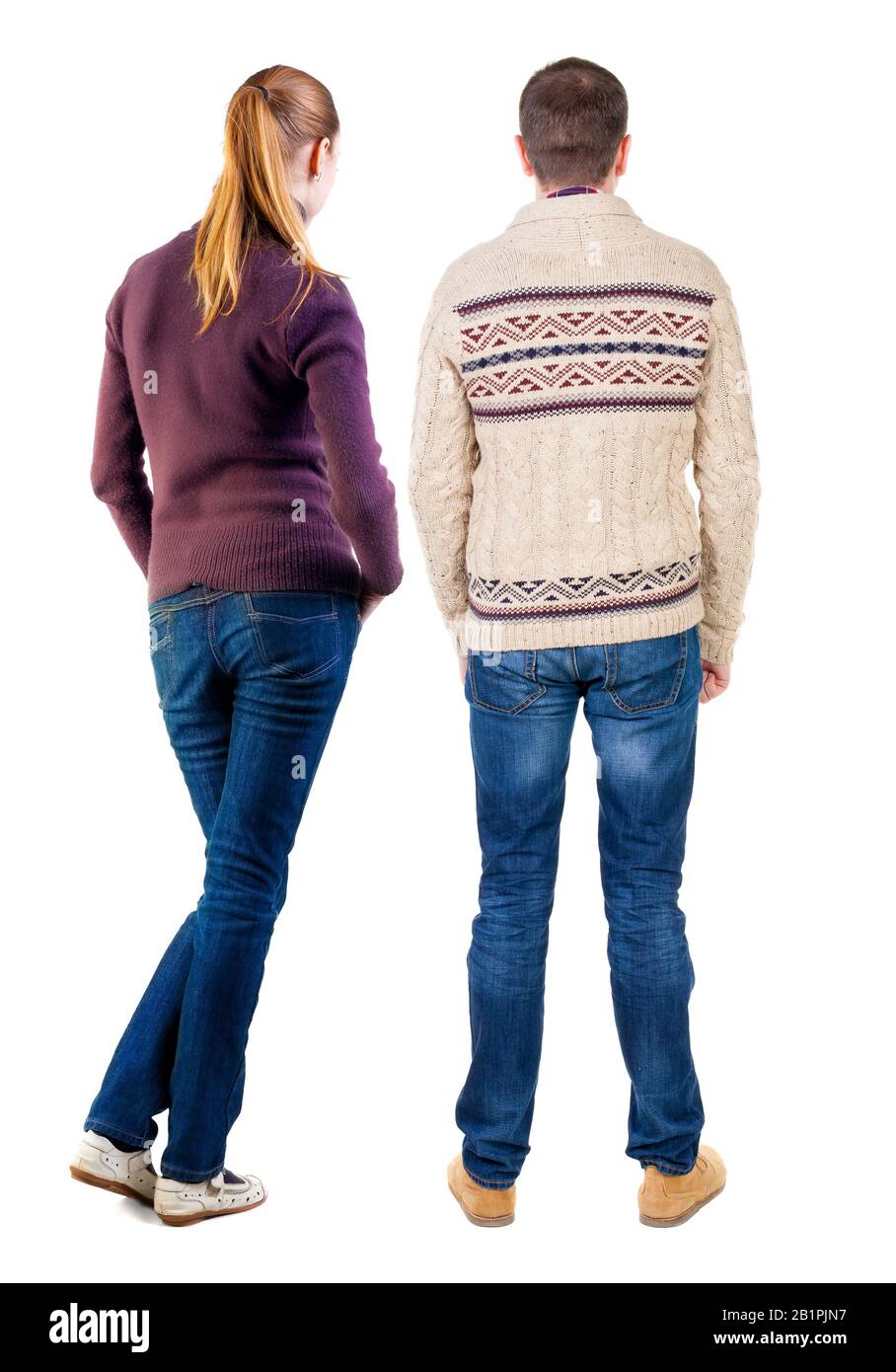 Back view couple in sweater. beautiful man and woman. Rear view people ...