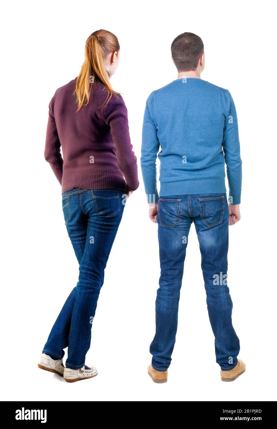 Back view couple in sweater. beautiful man and woman. Rear view people ...