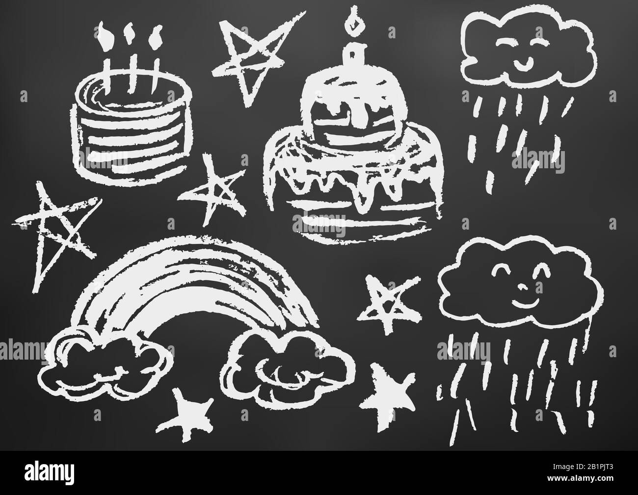 Child drawing with white chalk on a black board. Design elements of  packaging, postcards, wraps, covers. Sweet children's creativity. Cake,  candles, s Stock Vector Image & Art - Alamy