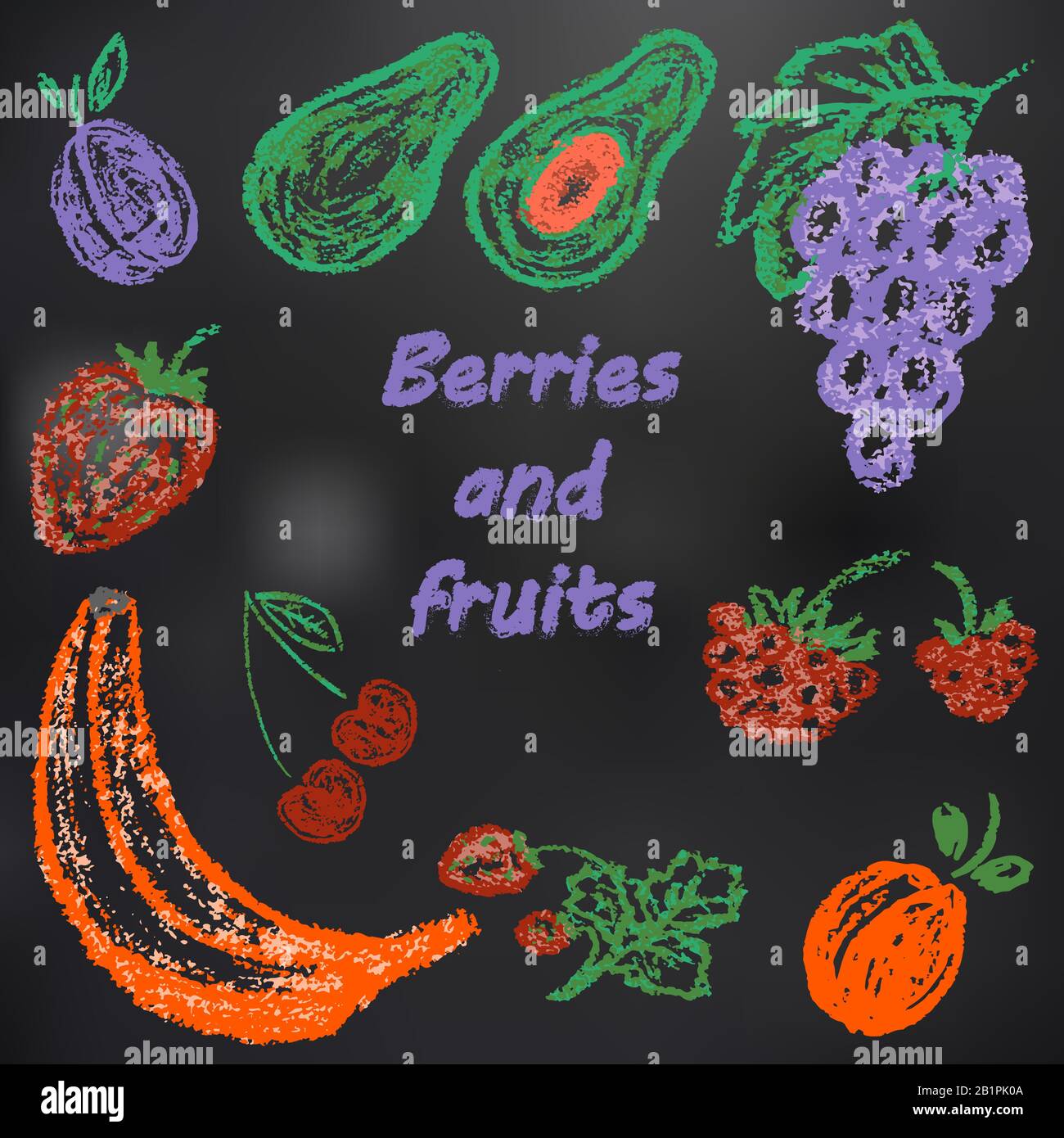 Child drawing with chalk on a black board. Bright beautiful fruits. Tasty  and healthy. Plum, avocado, grapes, raspberries, strawberries, cherries,  str Stock Vector Image & Art - Alamy
