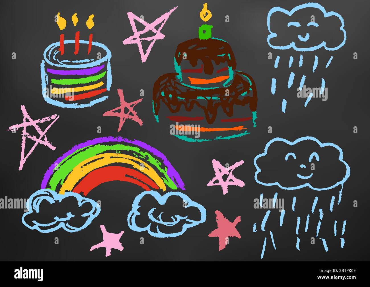 Children's drawing color chalk on a blackboard. Design elements of  packaging, postcards, wraps, covers. Sweet children's creativity. Cake,  candles, sw Stock Vector Image & Art - Alamy