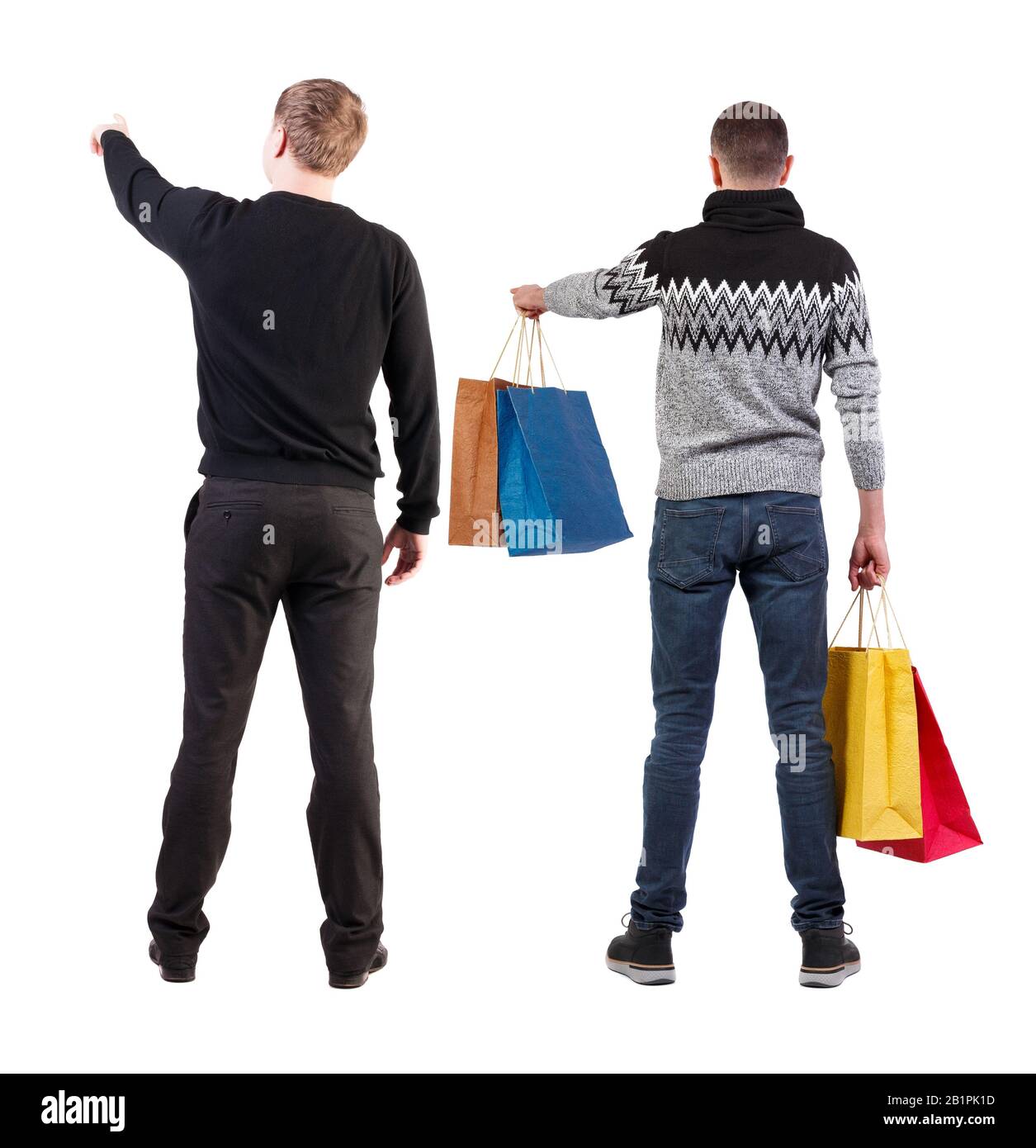 back view of two man with shopping bags. backside view of person. Rear ...