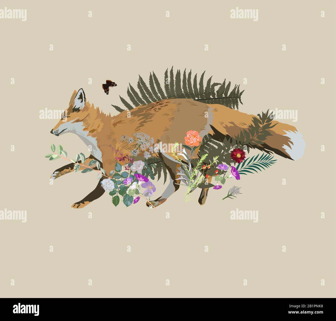 Vector illustration with fox running, flower and plants. Stock Vector