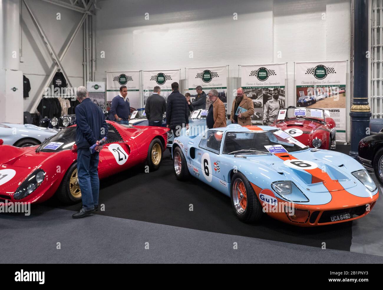 Replica Ford GT40 and Ferrari on sale at the London Classic Car Show Olympia Stock Photo