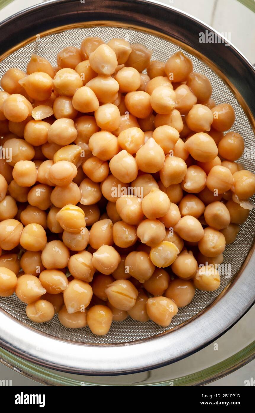 Overhead shot of chickpeas (garbanzo beans) draining through a steel sieve into a glass bowl on white painted wood planked table. Stock Photo