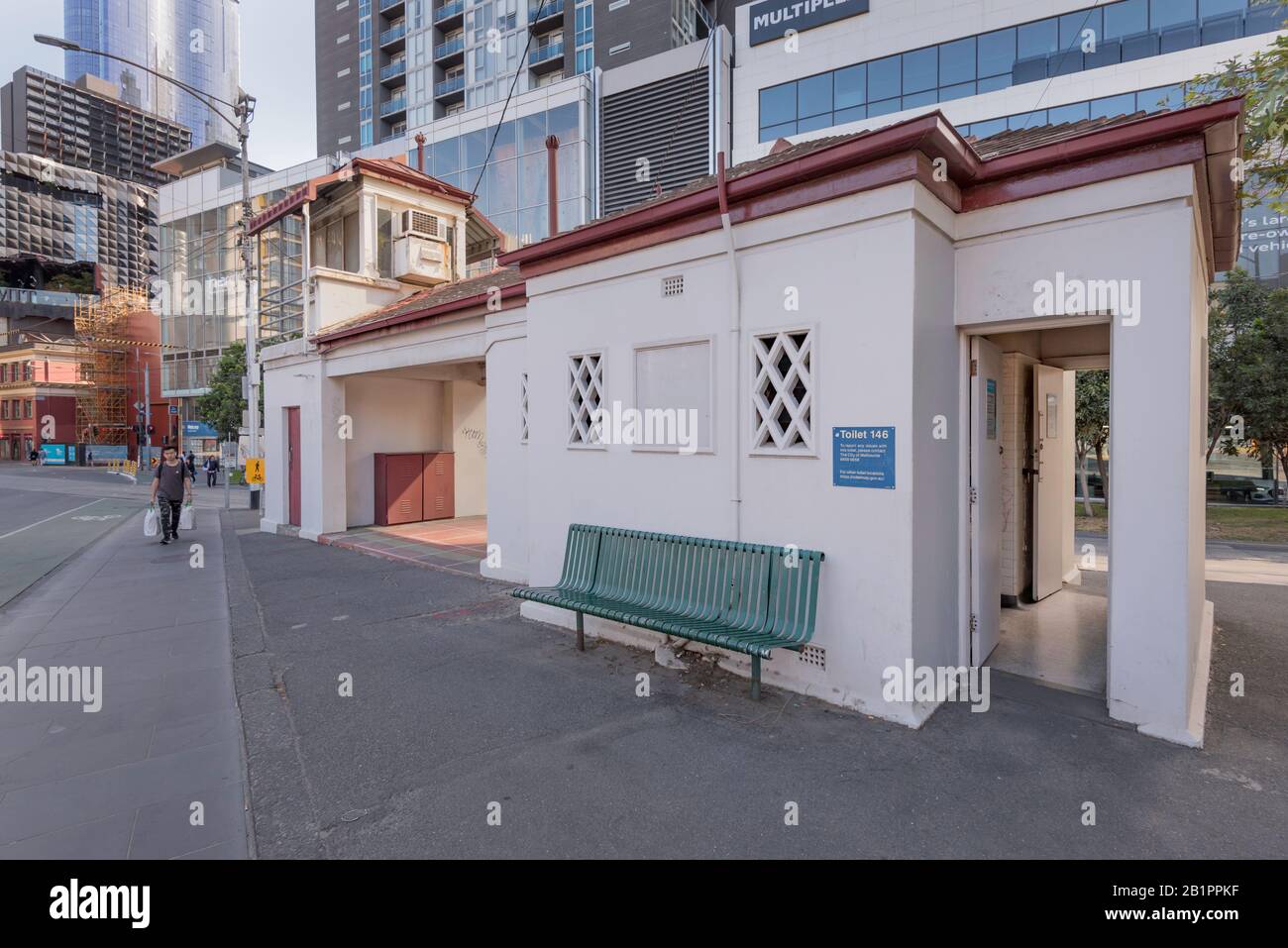The Tramway Signal Cabin 146, Waiting Shelter and toilets were built in 1928 in Swanston Street by the Melbourne and Metropolitan Tramways Board. Stock Photo