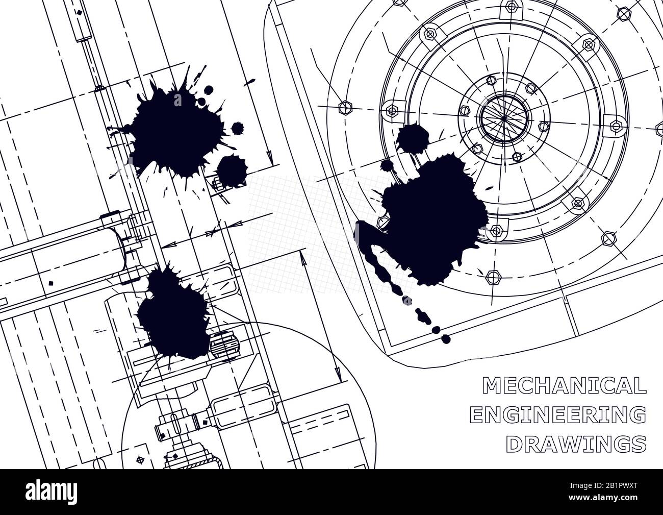 Vector banner. Engineering drawings. Black Ink. Blots. Technical ...