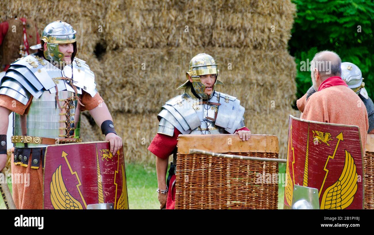 Reenactors showing drill of roman legionaries at the Roman festival of Carnuntum, Austria Stock Photo