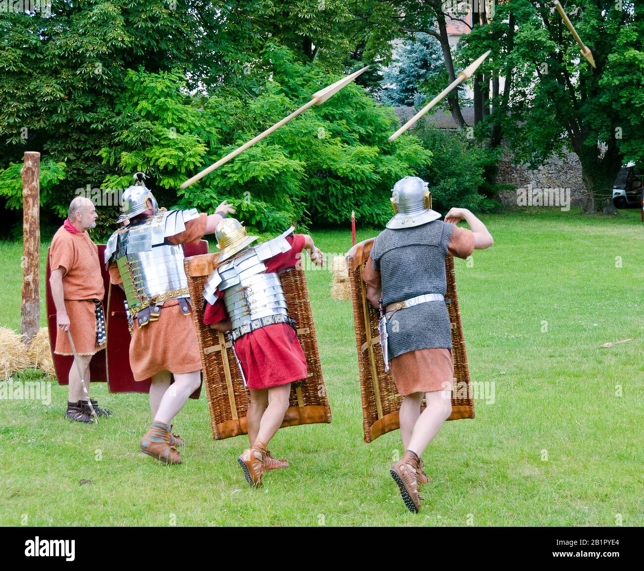 Reenactors showing drill of roman legionaries at the Roman festival of Carnuntum, Austria Stock Photo