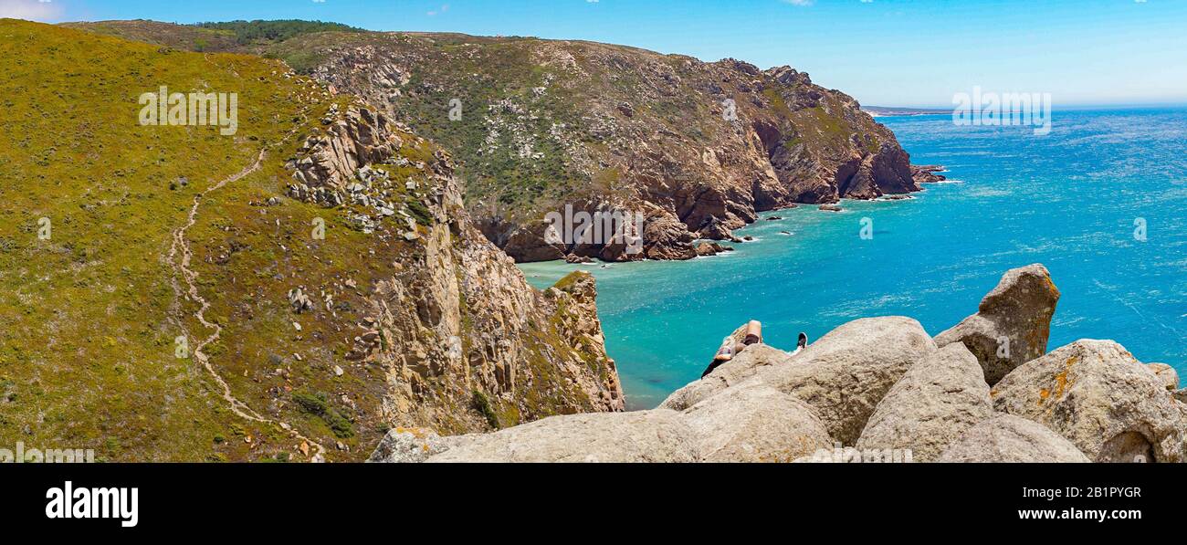 Cabo da Roca banner. Green hill and cliffs over the Atlantic ocean ...