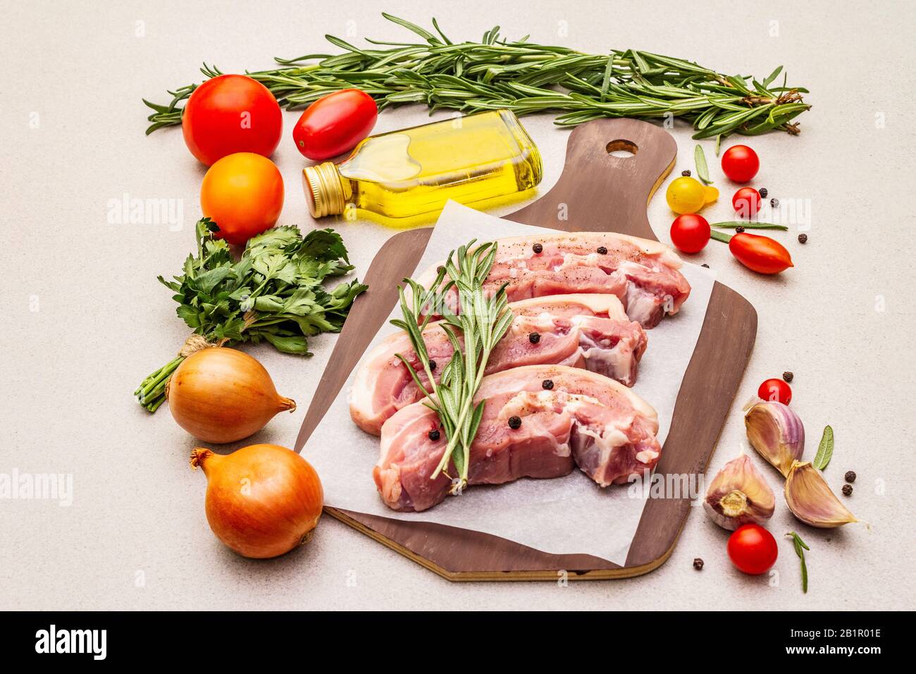 Raw pork belly with rind, peritoneum meat. Fresh vegetables, greens