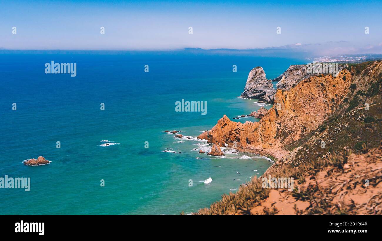 Cape Roca, Portugal. High hills and cliff over the Atlantic ocean ...