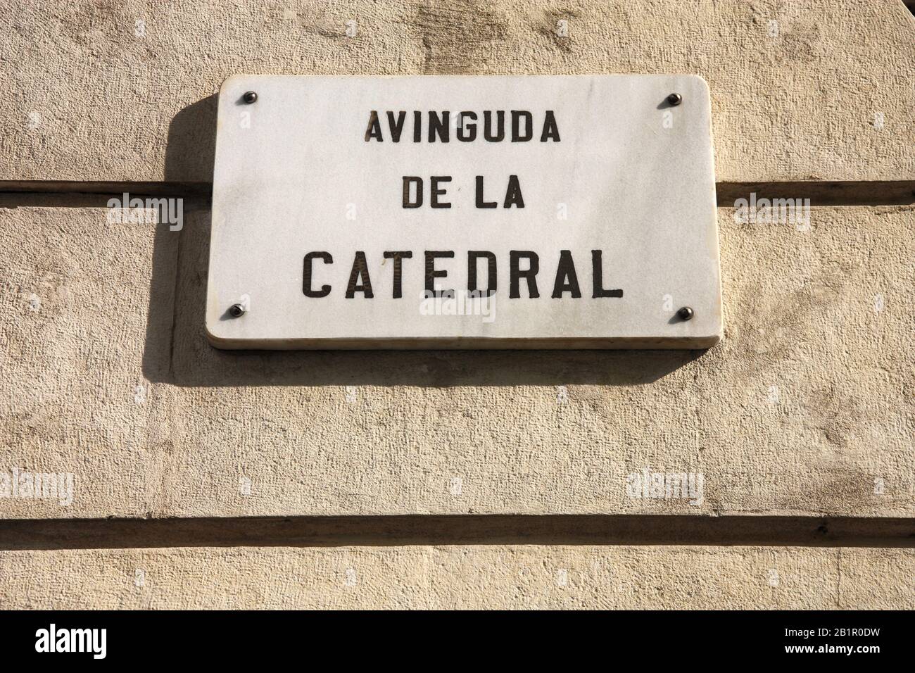 Avinguda de la Catedral - street sign in Barcelona, Spain. Barri Gotic district. Stock Photo