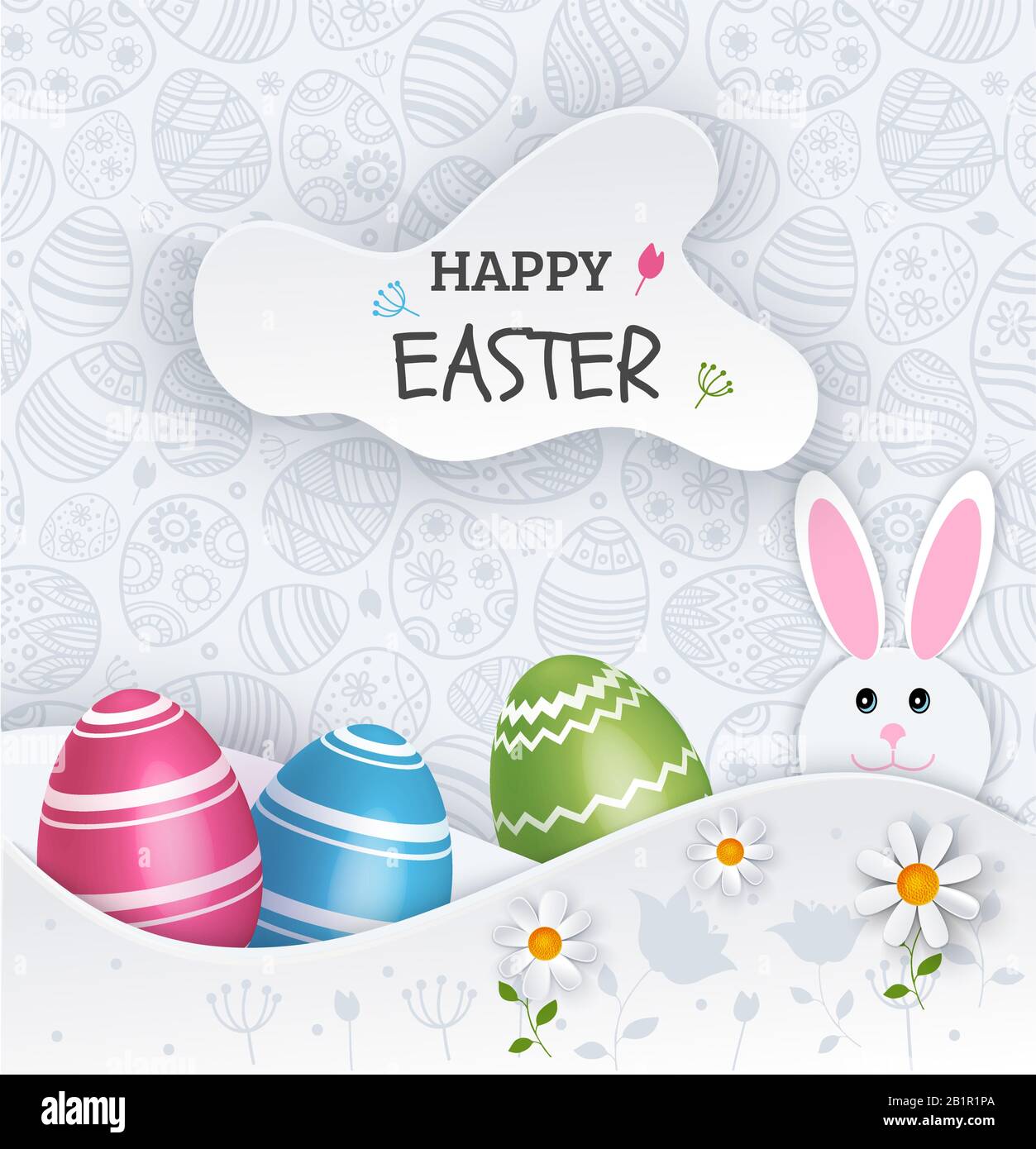 White Easter Egg banner. Multicolored eggs and egg hunter bunny on pattern background. Happy Easter. in cloud Stock Vector