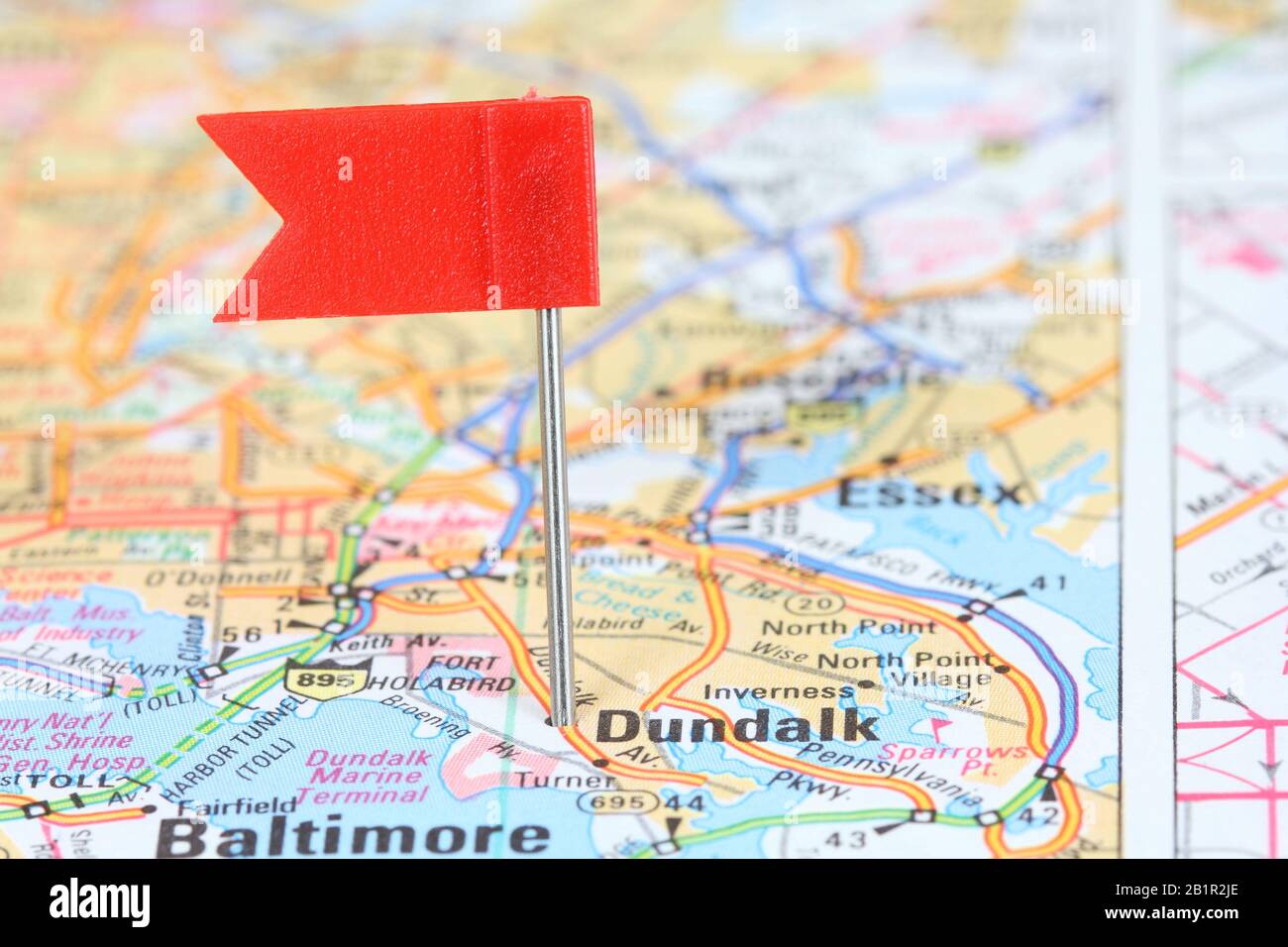 Dundalk, Maryland. Red flag pin on an old map showing travel