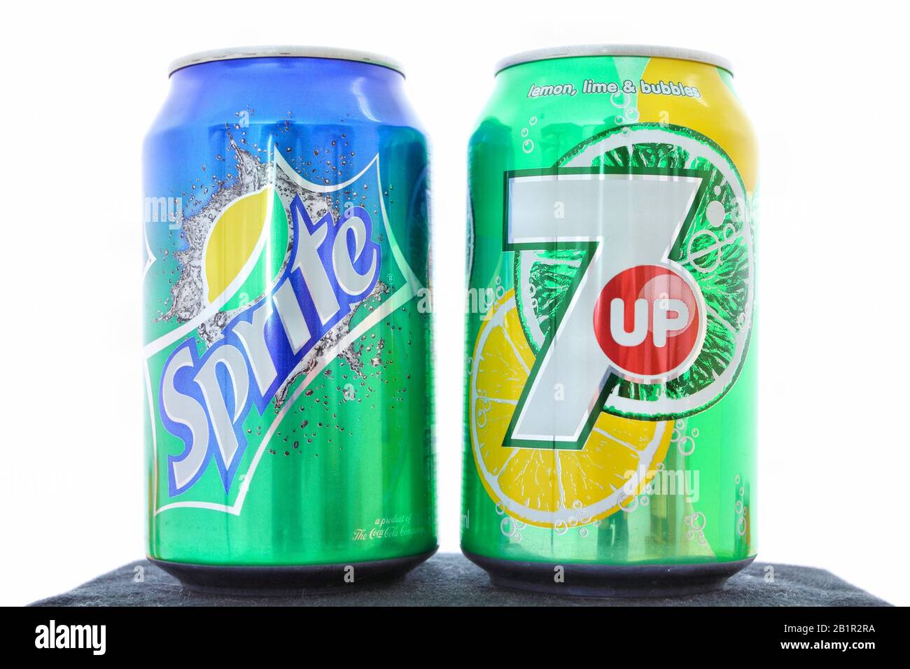WARSAW, POLAND - MAY 20, 2010: Sprite and 7 Up canned soft drinks together. These drinks are part of legendary competition between Coca-Cola and Pepsi Stock Photo