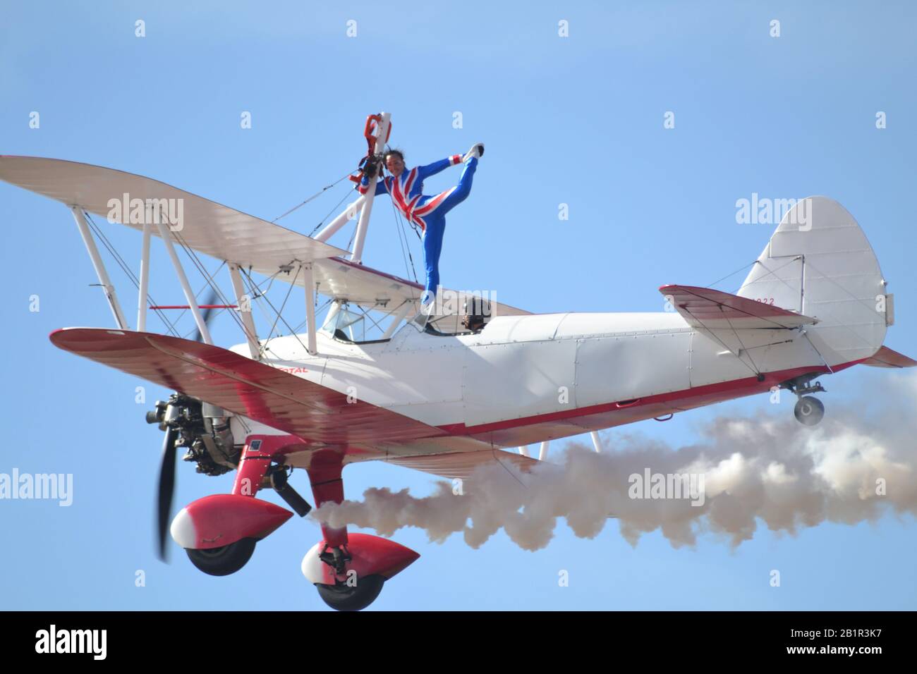 Wing walker on Bi-plane at Southport airshow Stock Photo