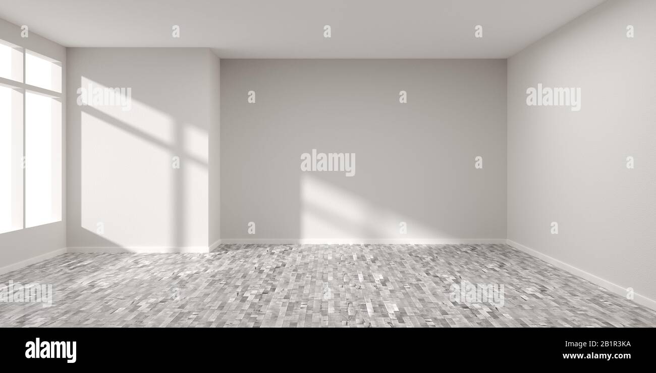 Empty white room with blank walls with shadow from window and grey hardwood floor - presentation or gallery architecture background element, 3D illust Stock Photo