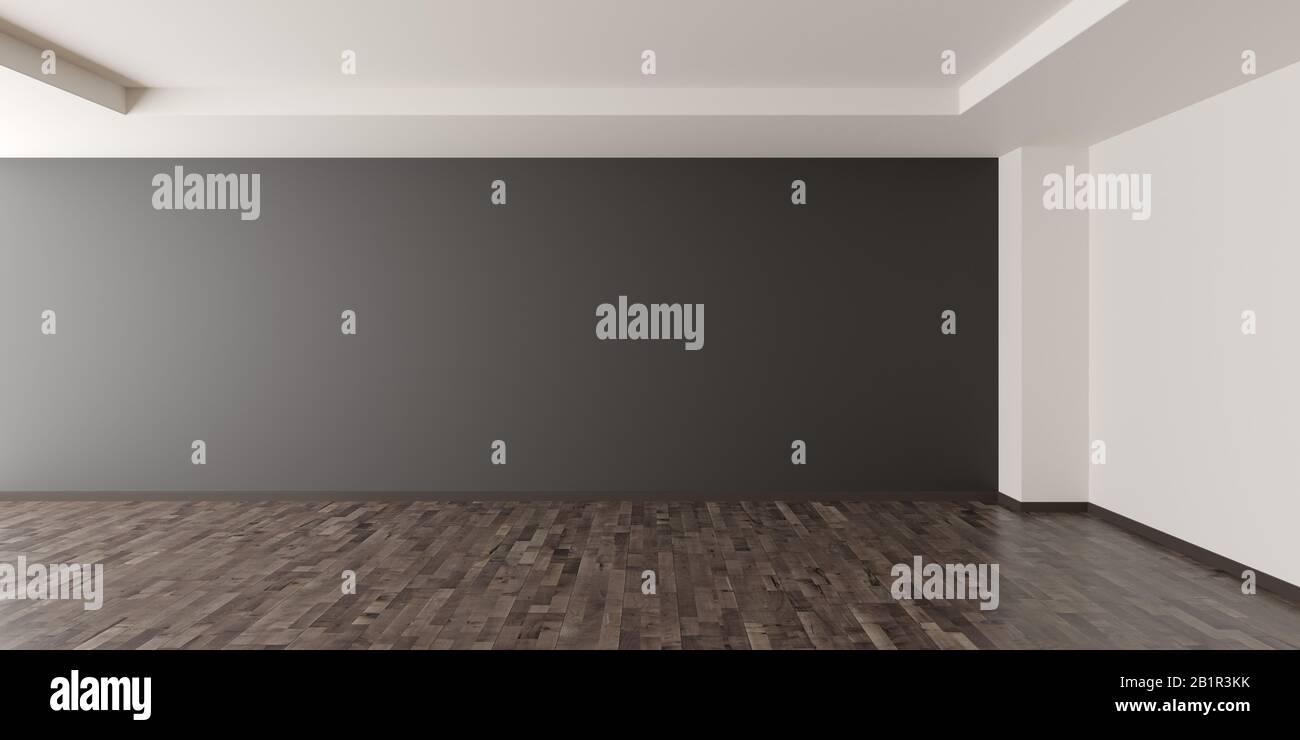 Empty modern room with dark grey walll  in the back and shiny brown wooden floor - home interieur decoration or gallery mock up or template with copy Stock Photo
