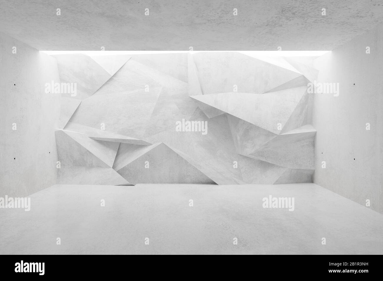 White modern concrete empty room with polygonal triangle abstract backwall lit from above - gallery or product showcase template, 3D illustration Stock Photo