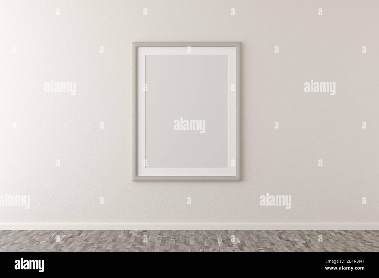 Empty picture frame hanging on white wall in bright room with brown wooden floor with copy space - portfolio, gallery or artwork template mock up - 3D Stock Photo